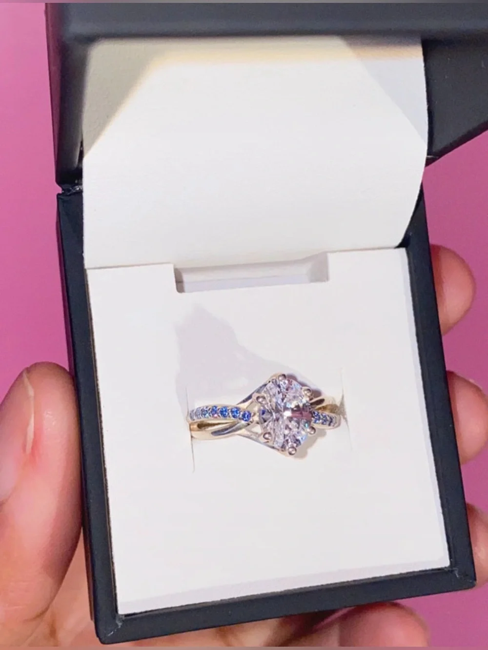 Elegant Halo Engagement Ring Size 5.5 – Silver & Blue Accent Stones